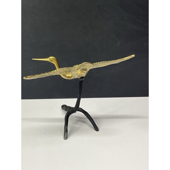 Vintage MCM Brass Flying Bird Crane or Heron On Painted Brass Stand 6.5” Tall - Picture 7 of 14
